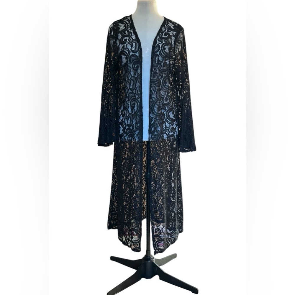 Vintage Objex Black Lace Long Open Duster with Bell Sleeves Sz xl